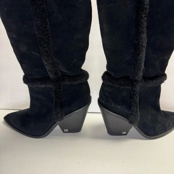Sam Edelman womens 6.5 mid calf heeled suede, faux fur trim black boots - Picture 2 of 8